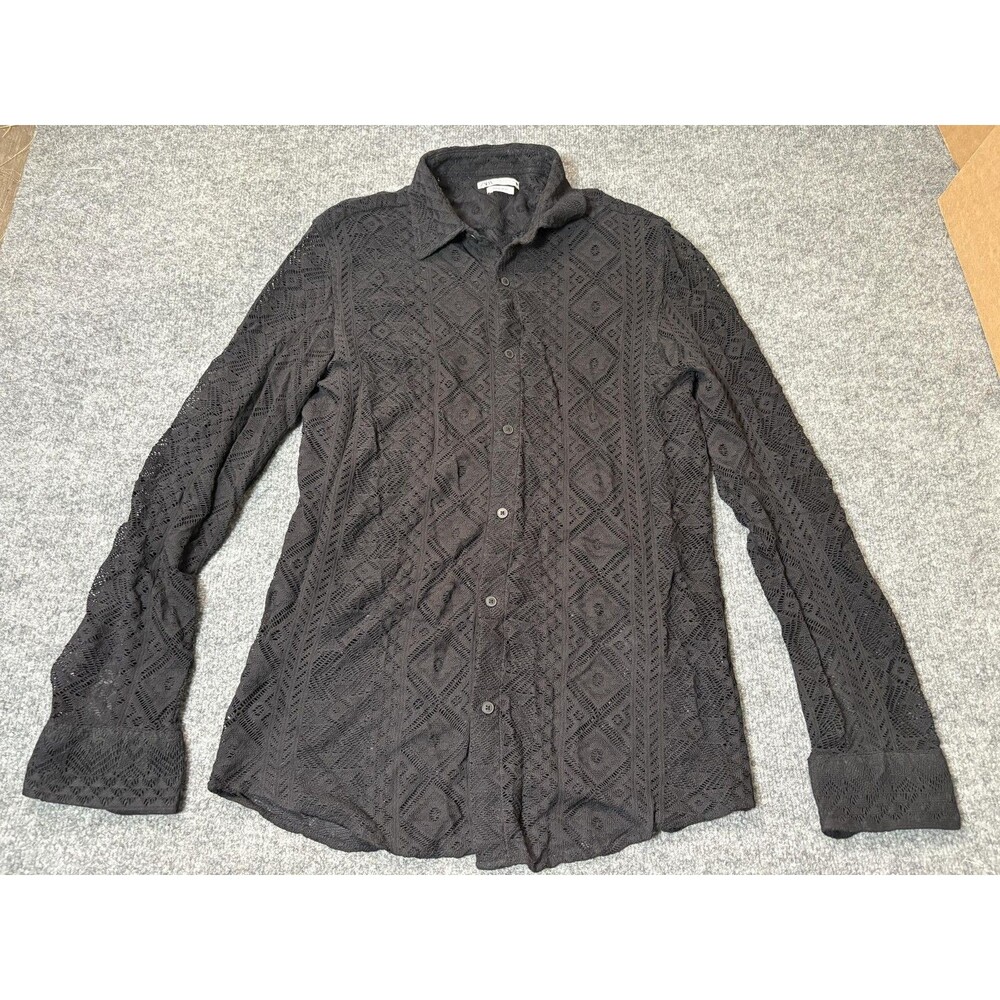 Zara Shirt Womens M Black Geometric Lace Button-Up Semi Sheer Long Sleeve